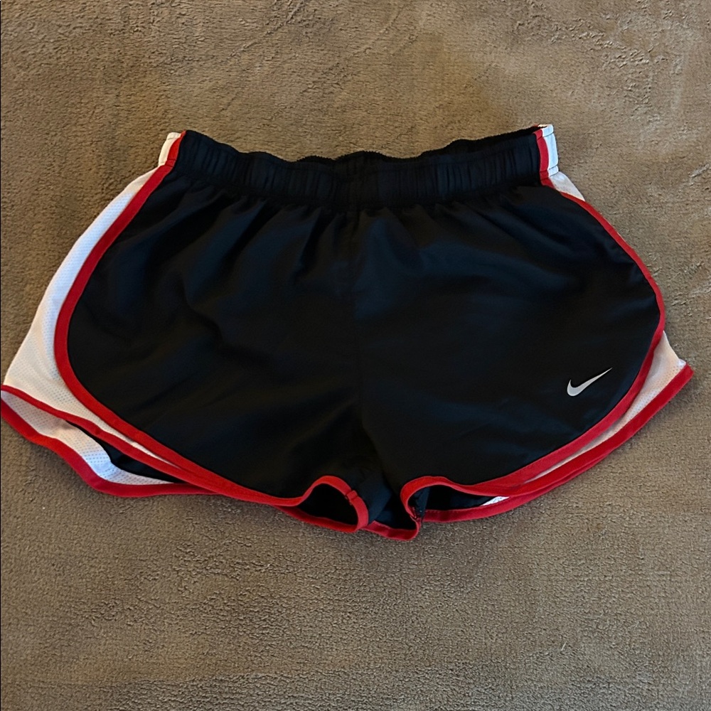 Nike Women's Black Athletic Shorts with Red and White Accents